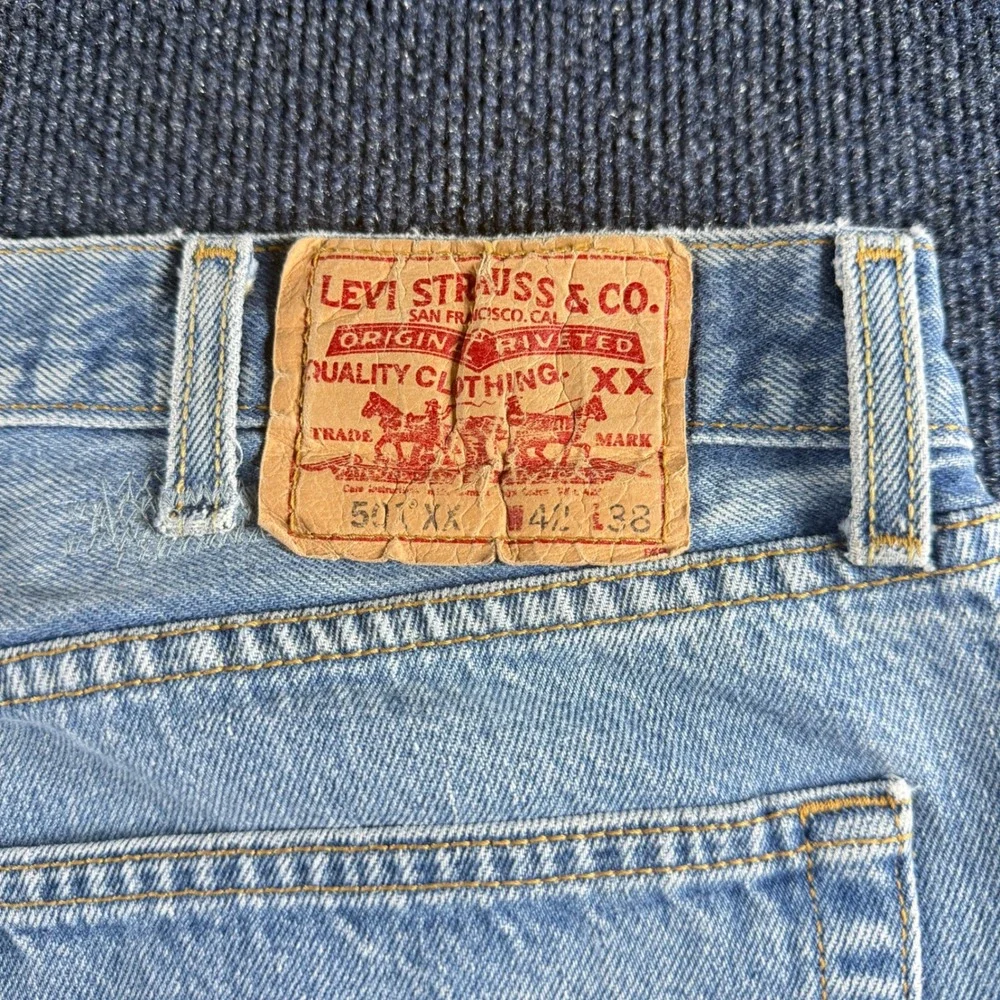 Vintage Levis 501 Mens Jeans 42x38 Light Wash Straight Leg Button Fly Denim Blue